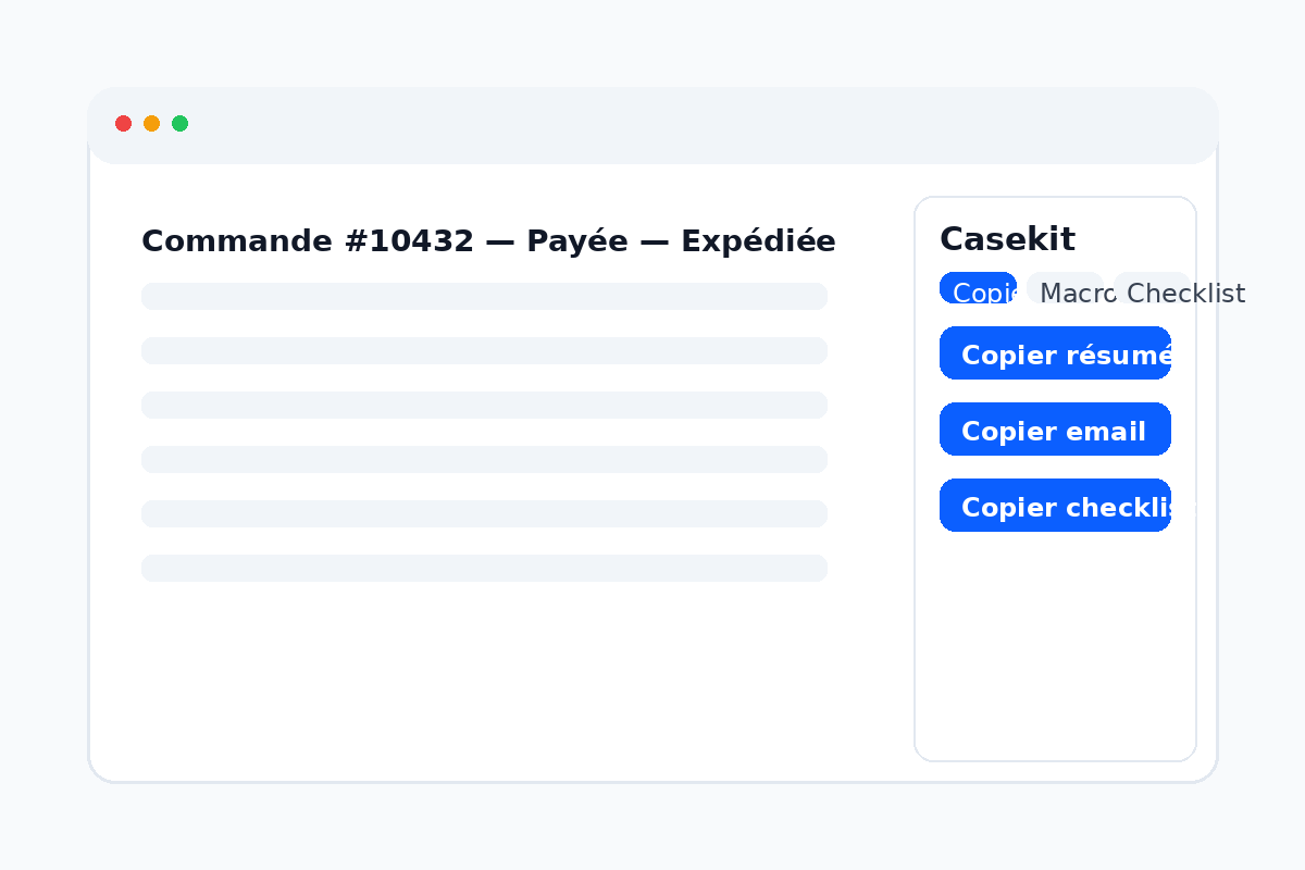 Casekit Chrome extension panel on an ecommerce order page