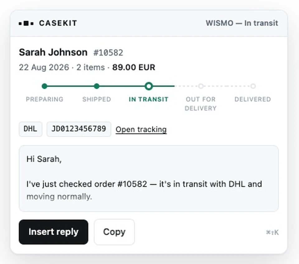 The CaseKit card beside a Gmail conversation, showing Sarah Johnson's order #10582 in transit with DHL