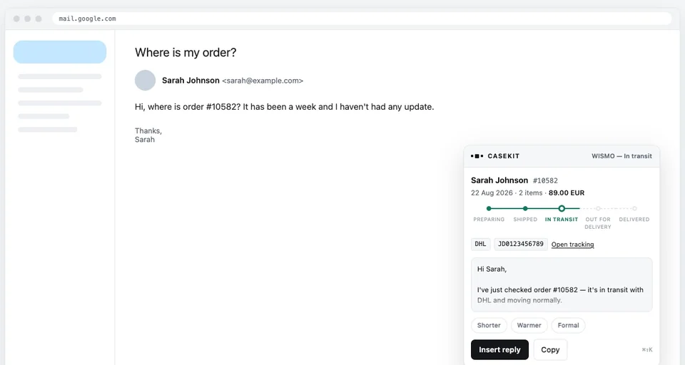 Gmail thread asking where order #10582 is, with the CaseKit card already showing the resolved Shopify order
