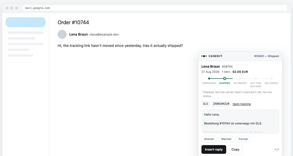 CaseKit reporting that order #10744 shipped with GLS but the carrier has not scanned it yet