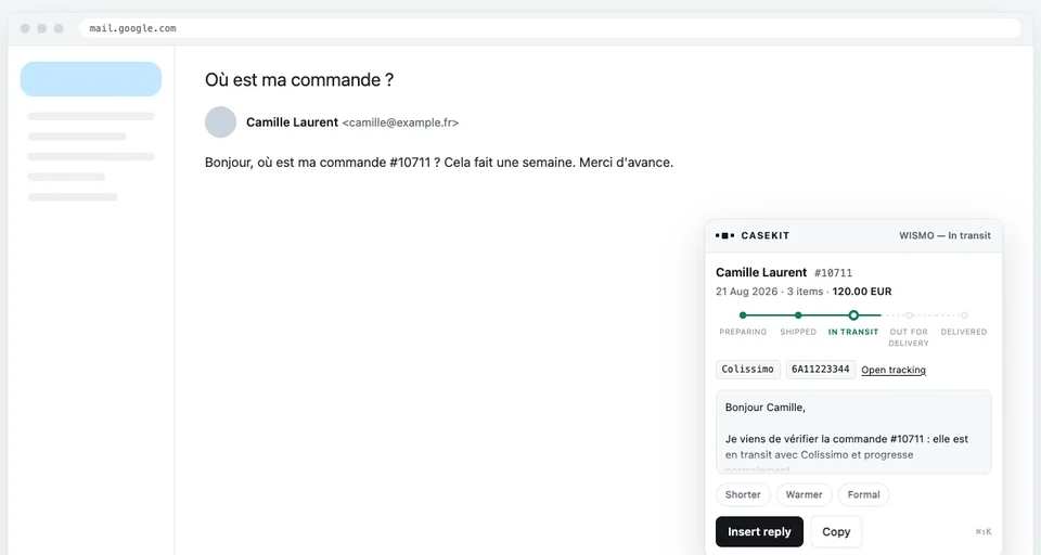 A French customer email with CaseKit's reply written in French for order #10711 with Colissimo