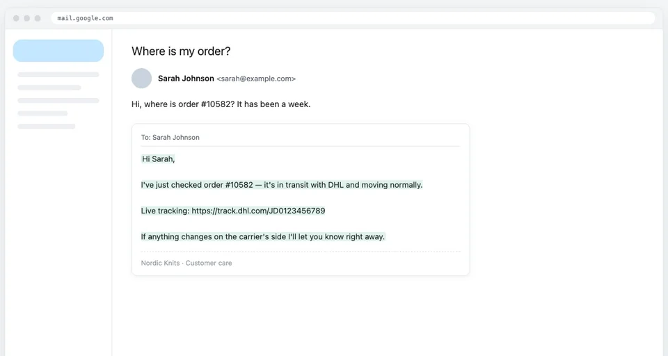 The generated reply inserted into the Gmail composer above the store signature
